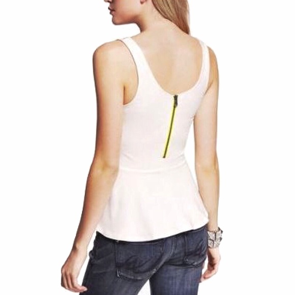 Express Off White Peplum Sleeveless Top w/ Neon Zip Back - Picture 1 of 6